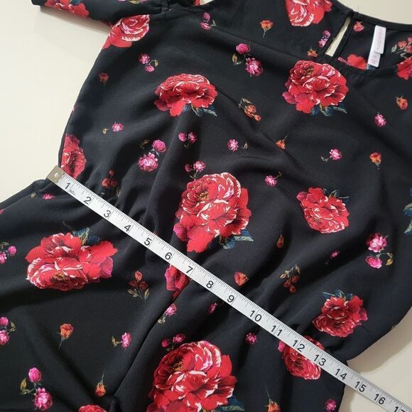 Xhilaration Women's Black Red Floral Cold Shoulder One Piece Ruffle Jumpsuit - Picture 6 of 16